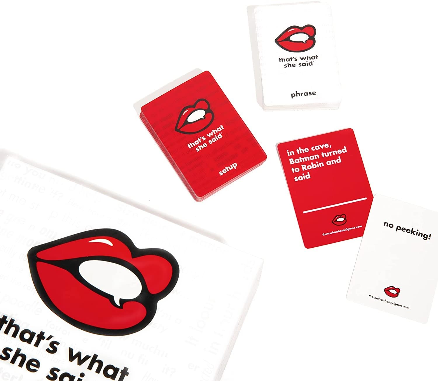 That's What She Said red setup cards highlighting bold prompts for adult games