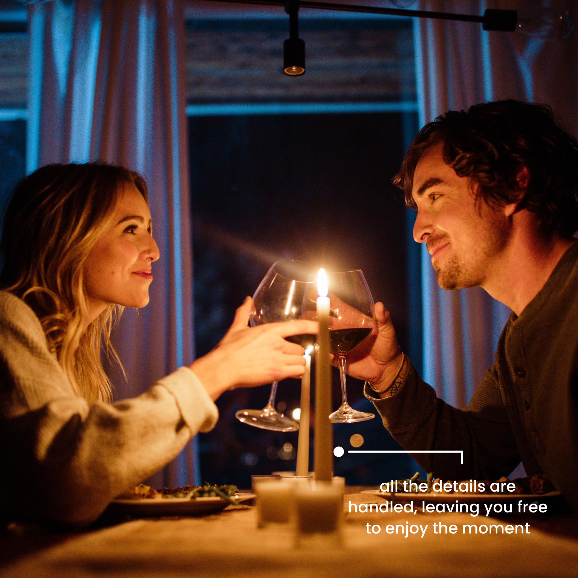 The Adventure Challenge red means go dinner setup creates a cozy mood for intimate conversation.