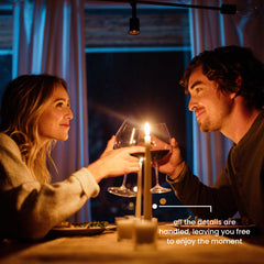 The Adventure Challenge red means go dinner setup creates a cozy mood for intimate conversation.
