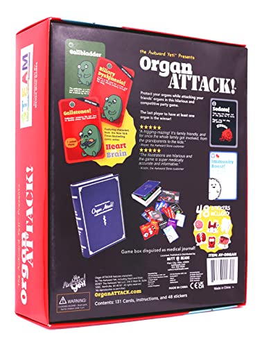 The Awkward Yeti Organ Attack game box back shows setup and player count.