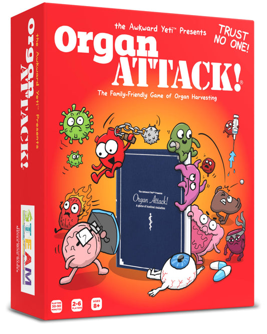The Awkward Yeti Organ Attack game box front, ideal for family game night.