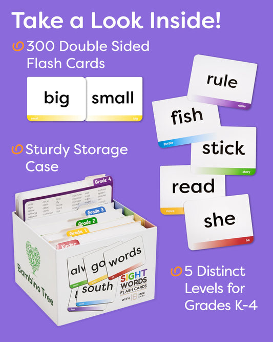 Grade-specific Bambino Tree flash cards organized by Kindergarten to 4th grade.