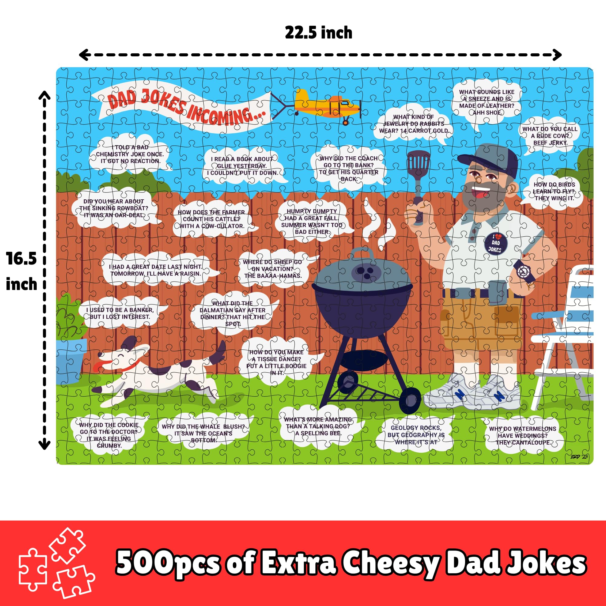 The Dad Joke 3000 500-piece puzzle artwork, vibrant design for entertaining puzzle nights.