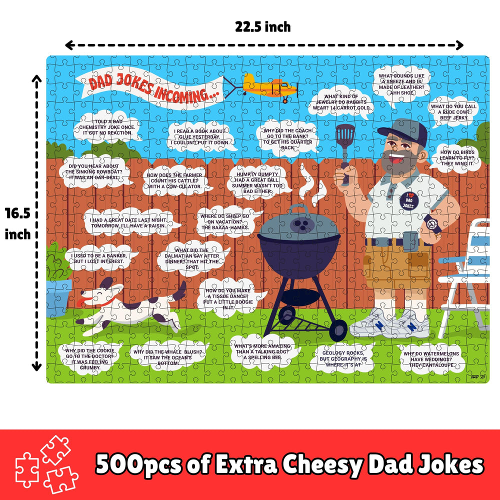 The Dad Joke 3000 500-piece puzzle artwork, vibrant design for entertaining puzzle nights.