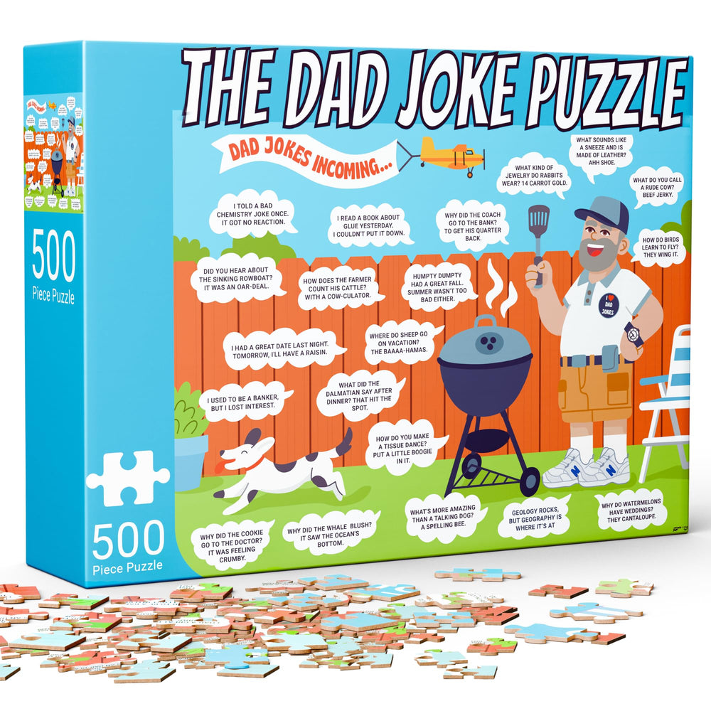 The Dad Joke 3000 500-piece puzzle box front, great for gifting and family fun.