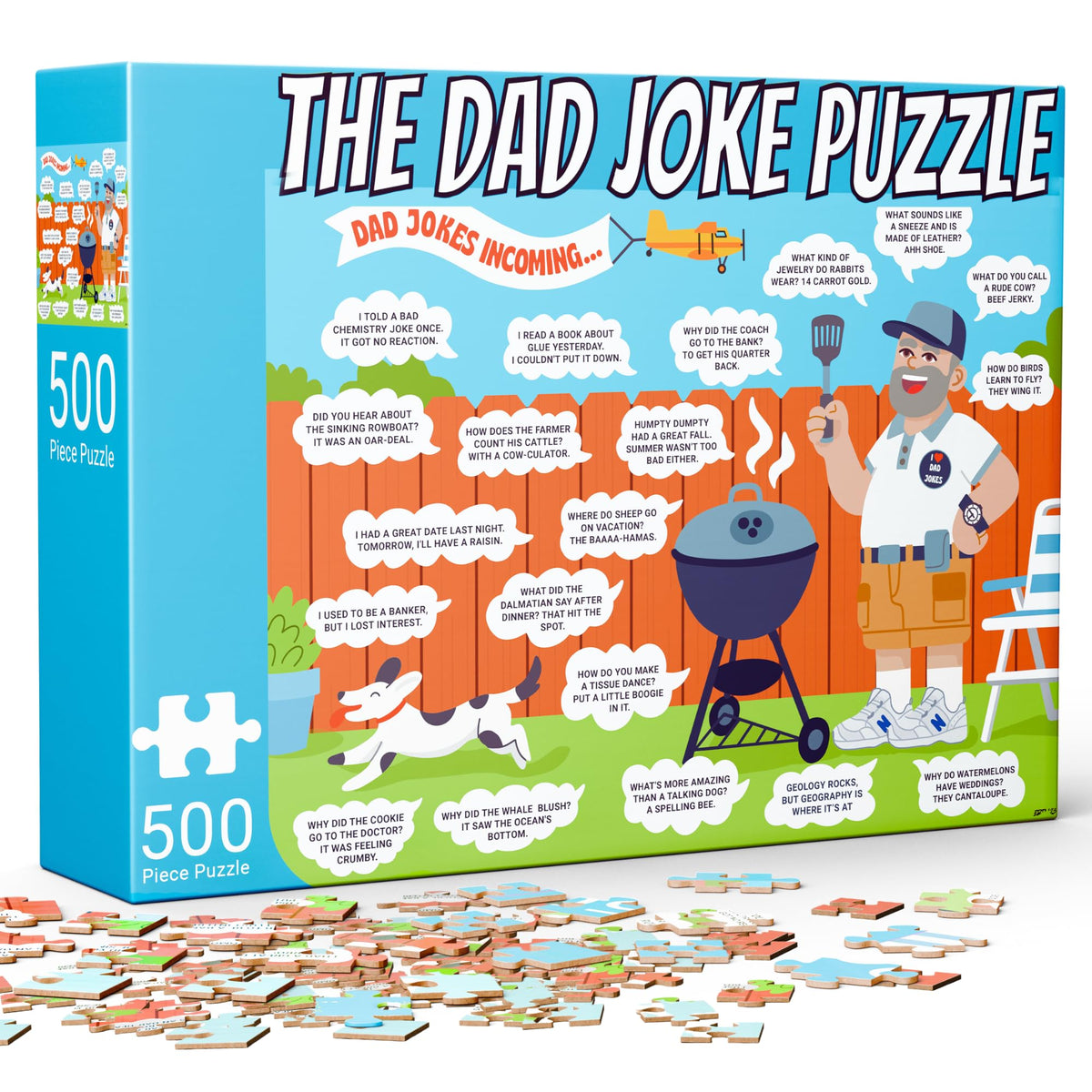 The Dad Joke 3000 500-piece puzzle box front, great for gifting and family fun.