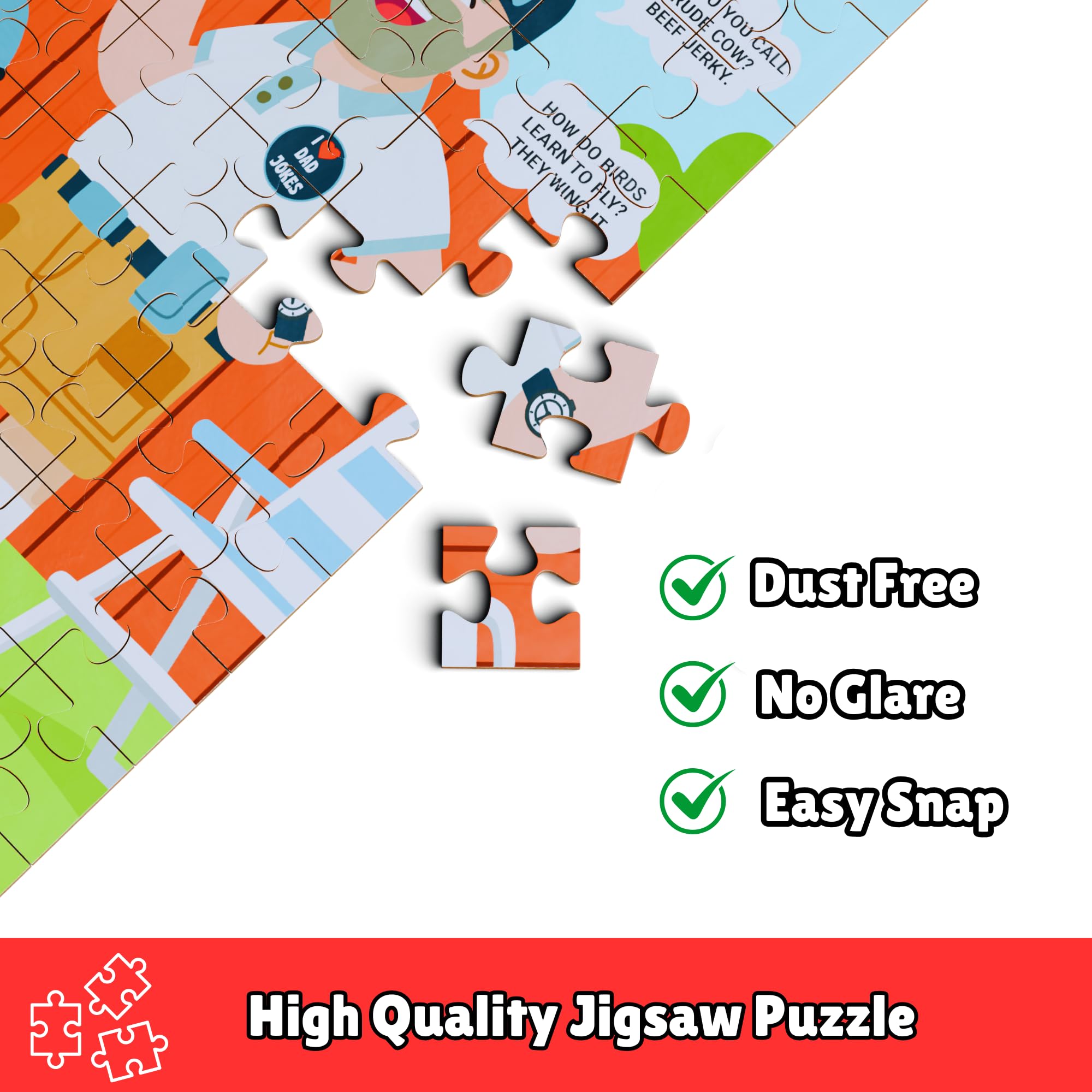 The Dad Joke 3000 500-piece puzzle pieces closeup, high-quality cardstock for lasting use.
