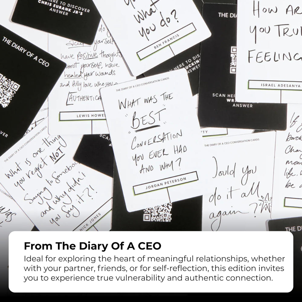 The Diary of a CEO Conversation Cards deep-end prompts for vulnerability and authentic dialogue.