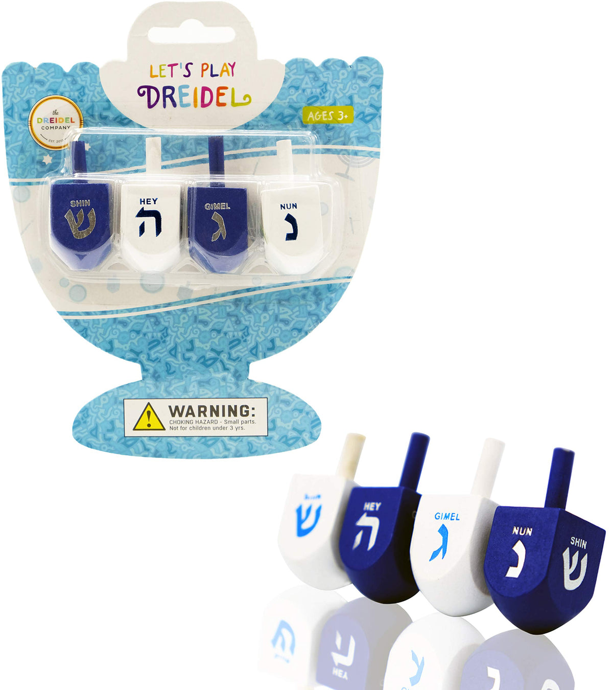 The Dreidel Company bulk blue and white wooden dreidel top for Hanukkah play