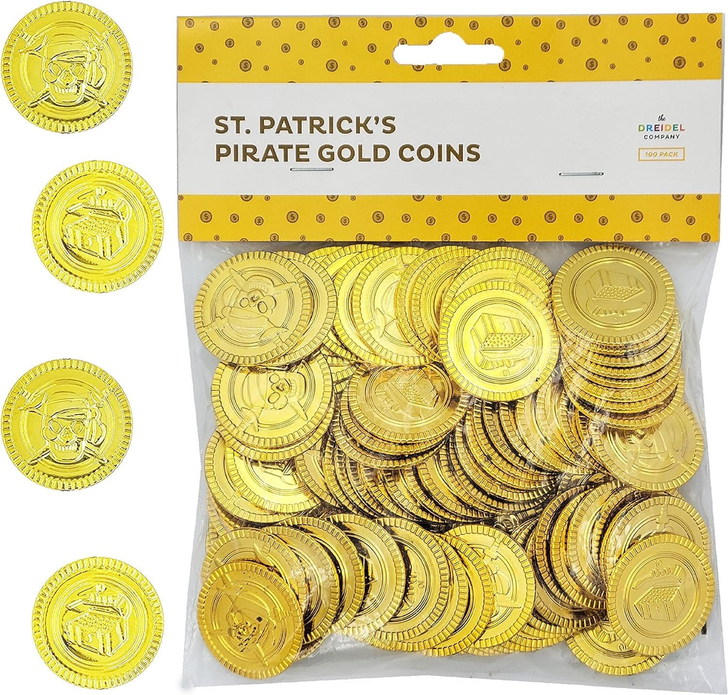 The Dreidel Company gold coins in treasure chest, perfect for treasure hunts.