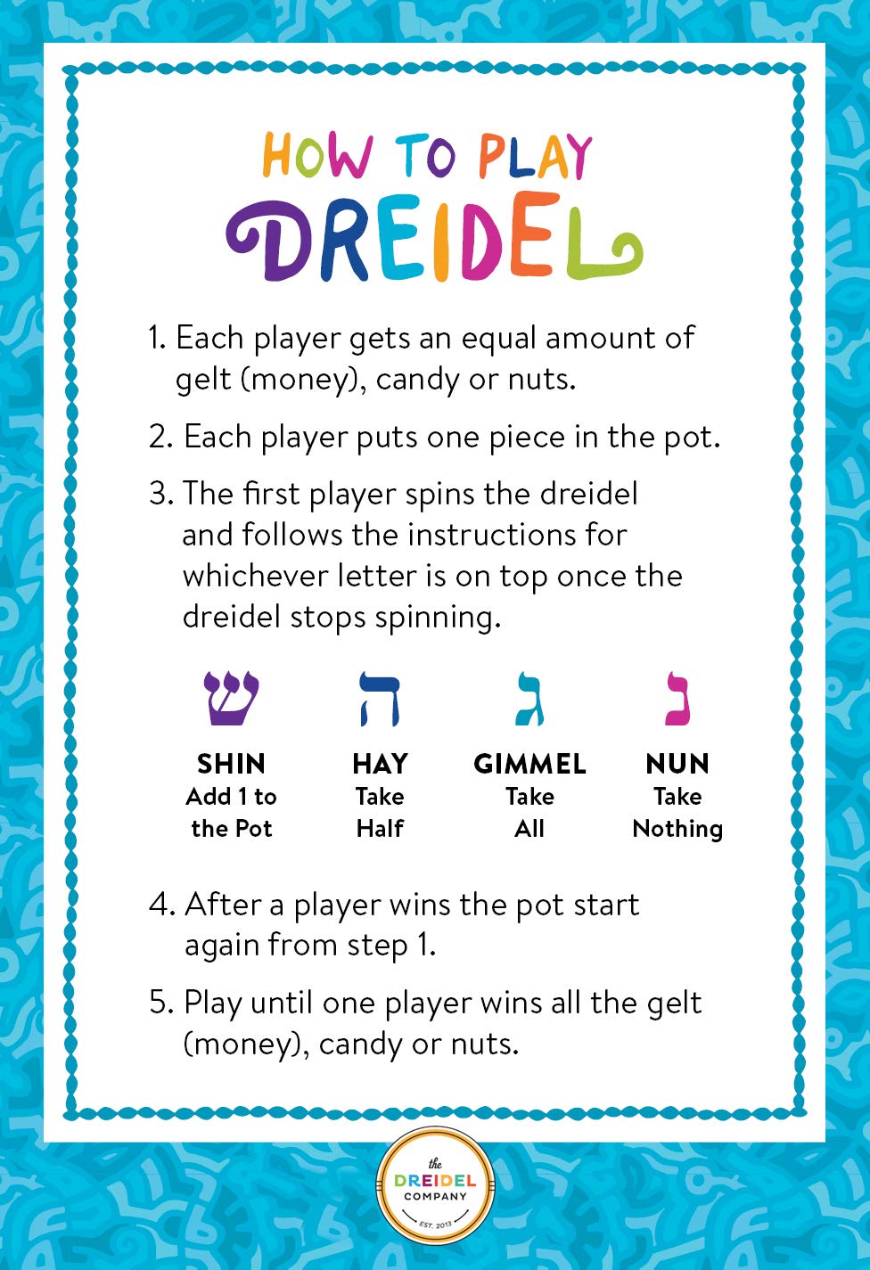 The Dreidel Company includes game instruction cards for quick setup and play