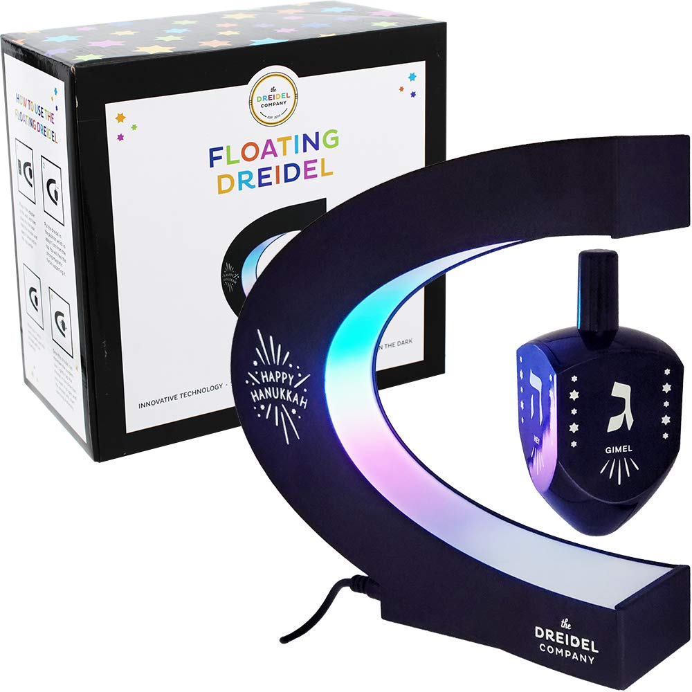 The Dreidel Company levitating dreidel 180-degree rotation creates a dynamic display.