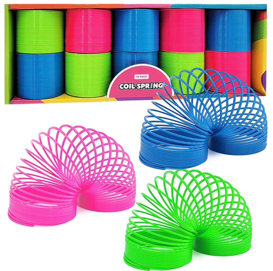 The Dreidel Company neon coil spring close-up shows vibrant colors for engaging party play.