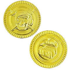 The Dreidel Company plastic coins beside a treasure chest, ready for treasure hunts.