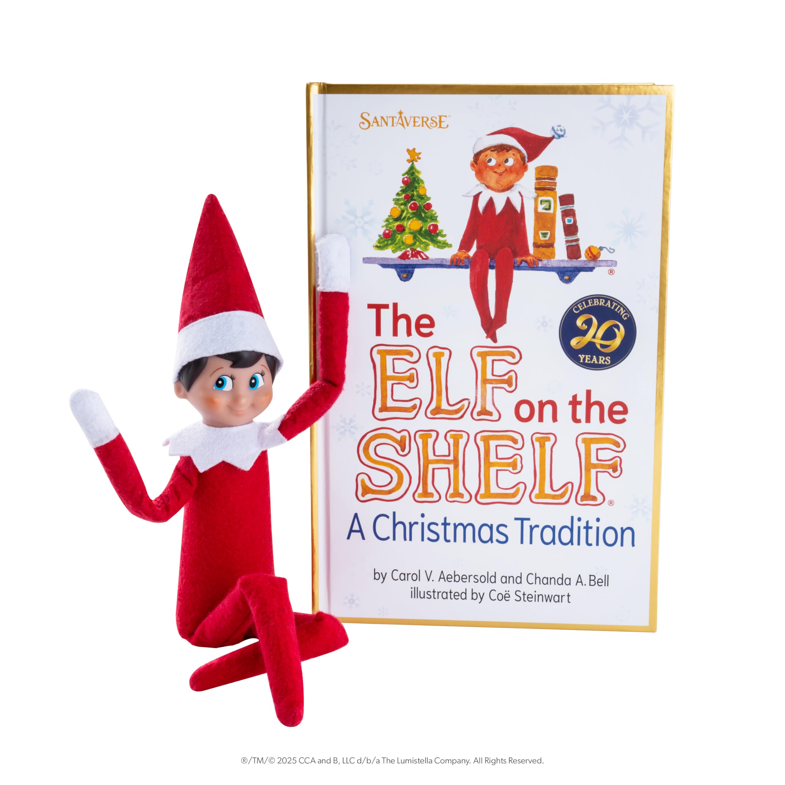 The Elf on the Shelf blue-eyed poseable elf ready for scenes.