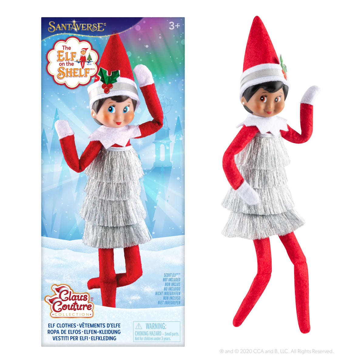 The Elf on the Shelf Claus Couture Tiny Tinsel Dress front view sparkle.