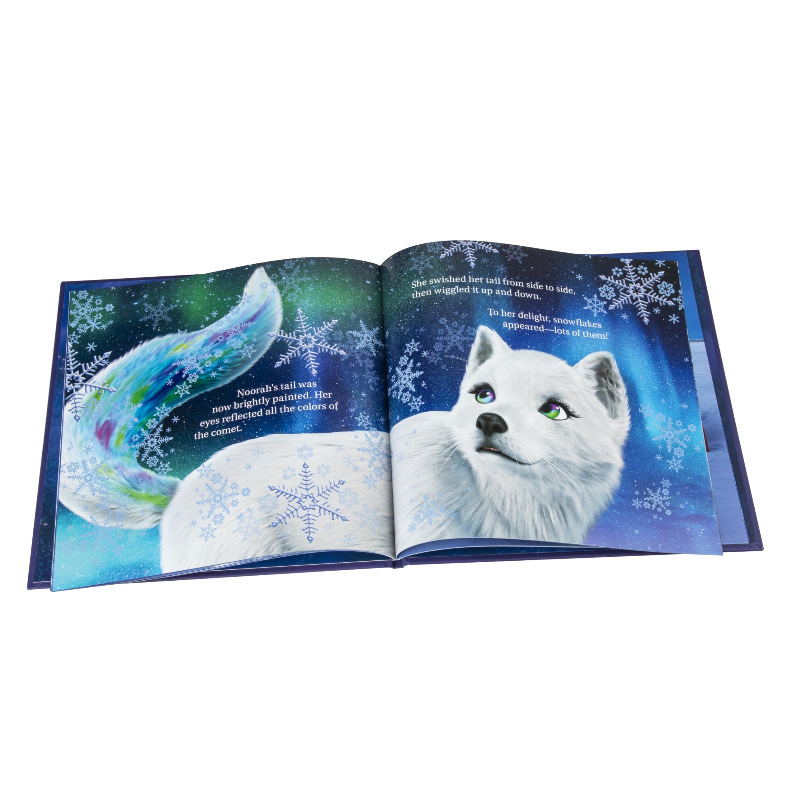 Illustration spread from Noorah’s adventures, rich with Arctic imagery and magical glow.