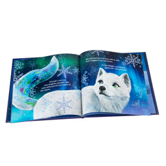 Illustration spread from Noorah’s adventures, rich with Arctic imagery and magical glow.
