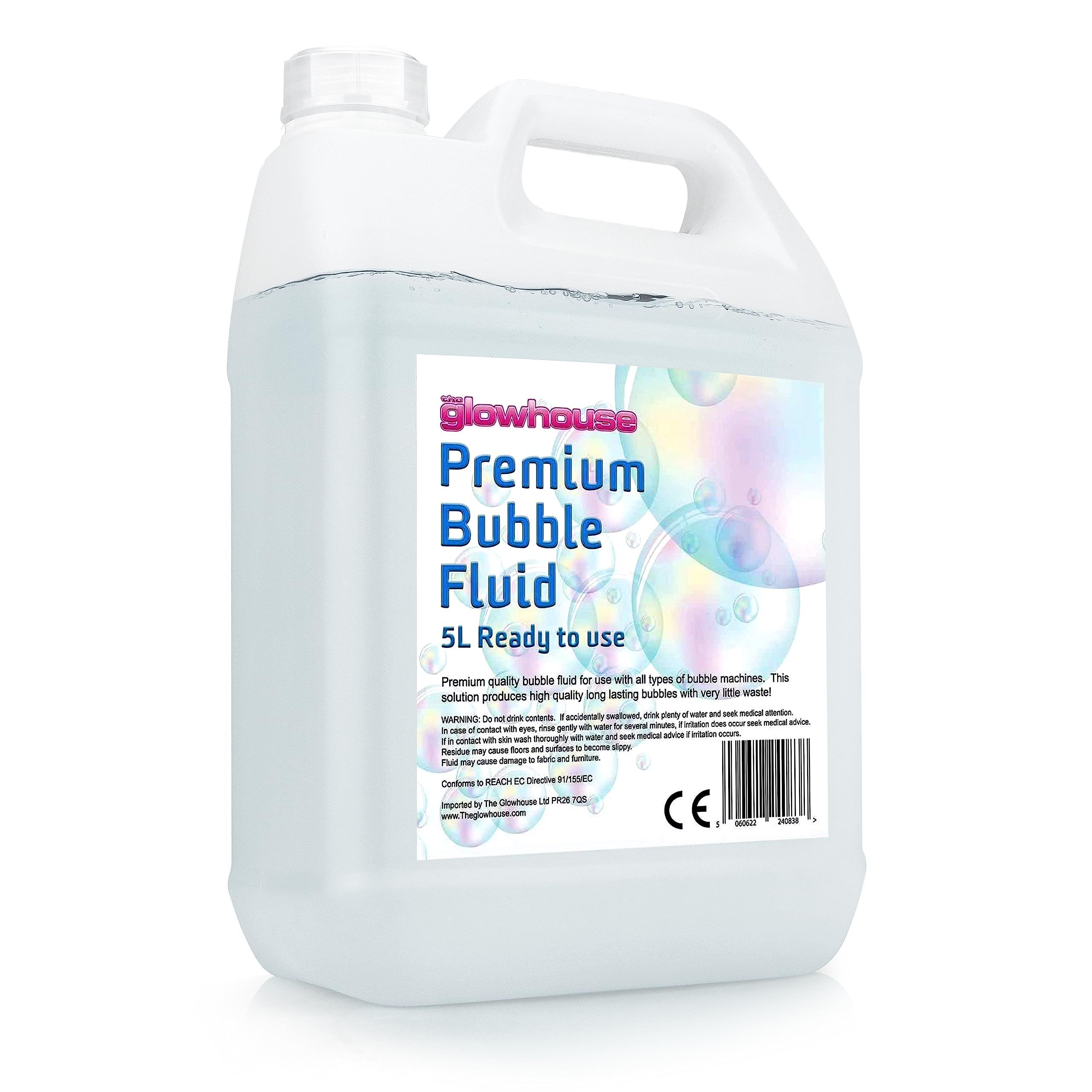 The Glowhouse Premium Bubble Solution 169 oz bottle creates big, vibrant bubbles for easy filling.