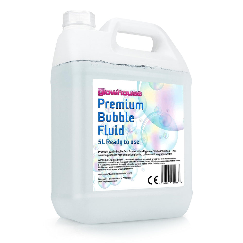 The Glowhouse Premium Bubble Solution 169 oz bottle creates big, vibrant bubbles for easy filling.