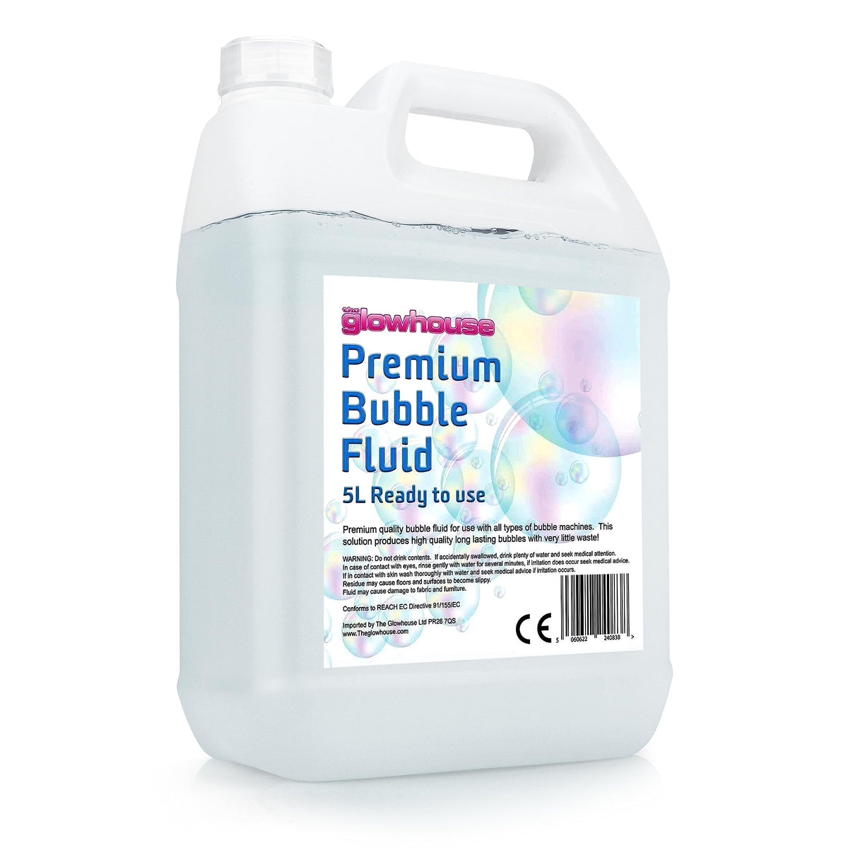 The Glowhouse Premium Bubble Solution 169 oz bottle creates big, vibrant bubbles for easy filling.