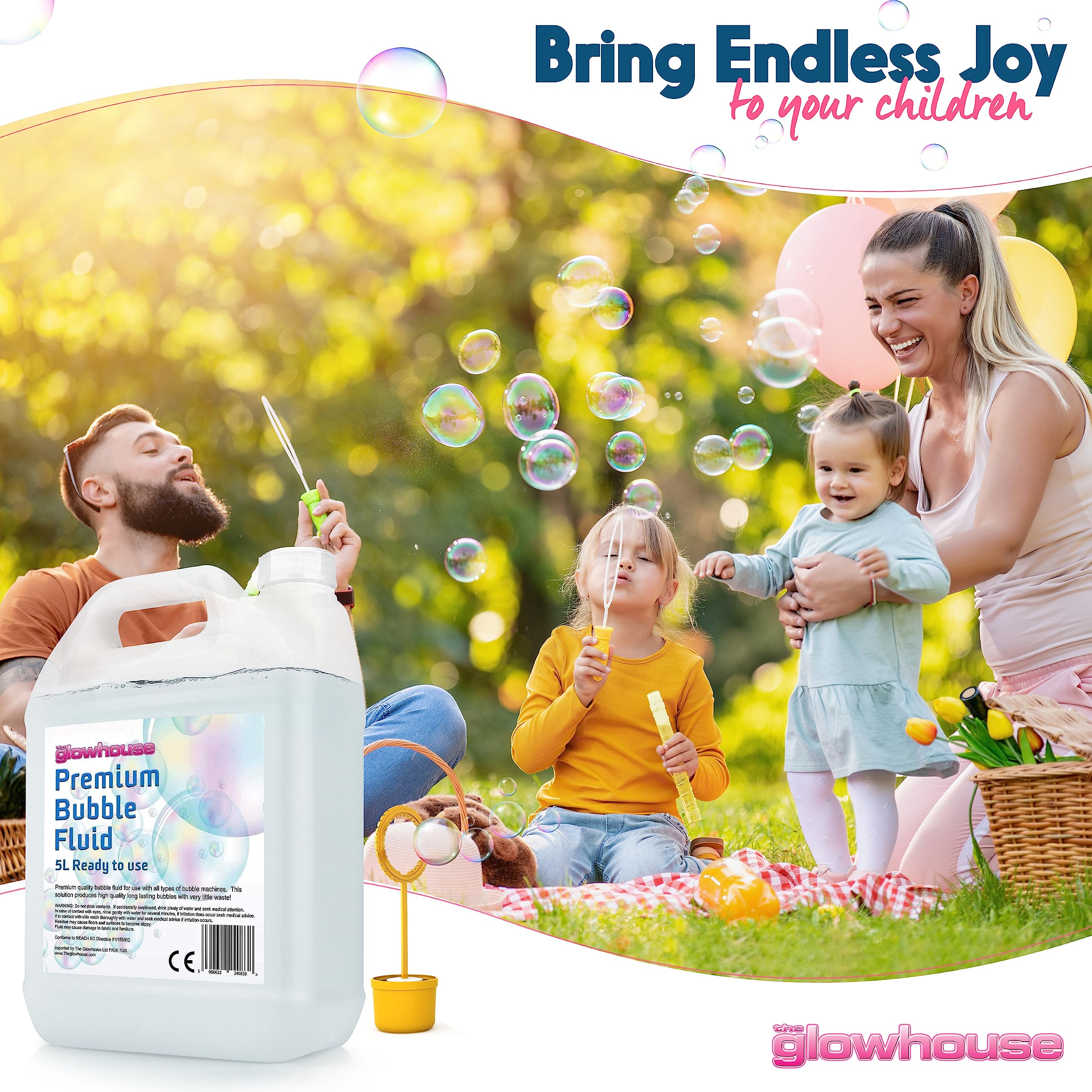 Kid-safe Glowhouse bubble solution suitable for classrooms and family activities.