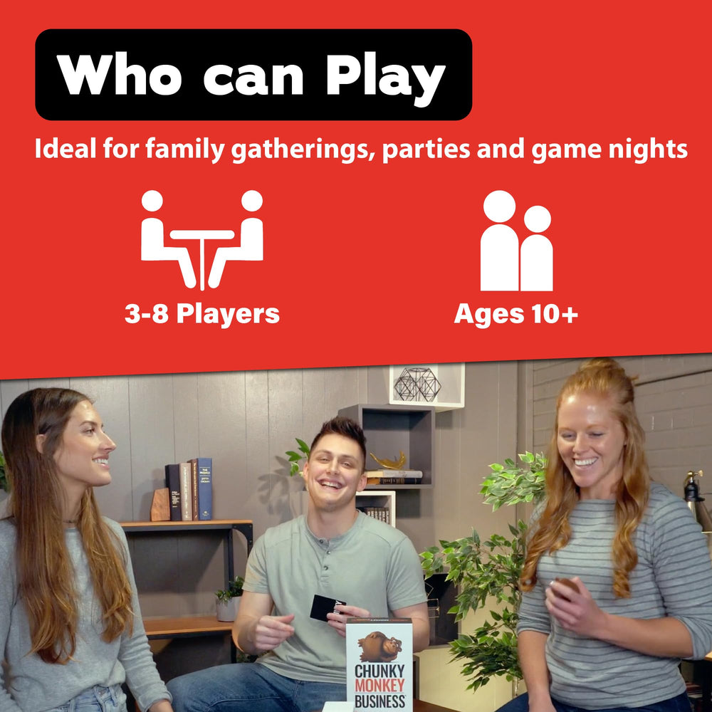 Chunky Monkey Business players grin while guessing, highlighting friendly competition.