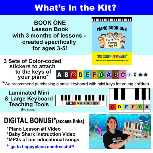 The Happy Piano Kit color keyboard stickers for easy piano attachment.
