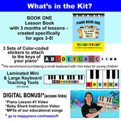 The Happy Piano Kit color keyboard stickers for easy piano attachment.