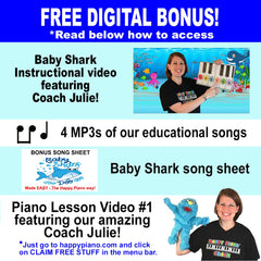 The Happy Piano Kit QR codes link to beginner lesson videos.