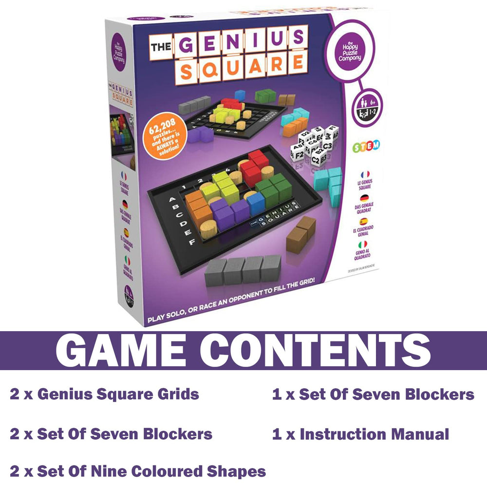 The Genius Square colored-shapes arrangement highlights color-coded pieces by The Happy Puzzle Company.