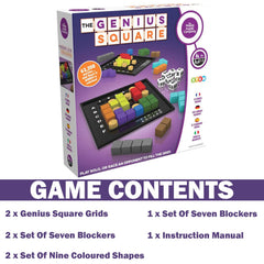 The Genius Square colored-shapes arrangement highlights color-coded pieces by The Happy Puzzle Company.