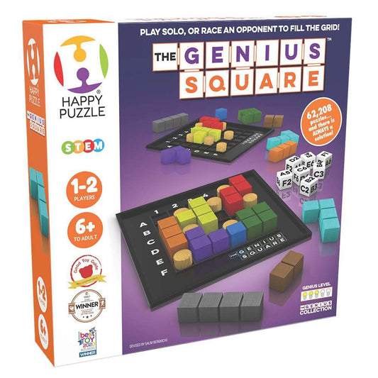 The Genius Square grid-fill action by The Happy Puzzle Company promotes spatial planning.