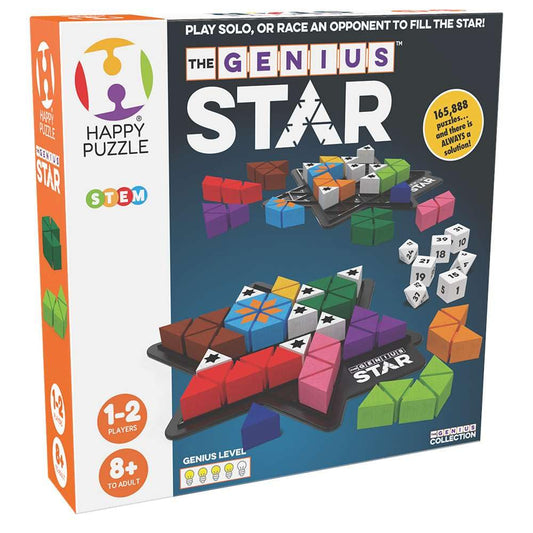 The Happy Puzzle Company Genius Star puzzle pieces laid out for gameplay.