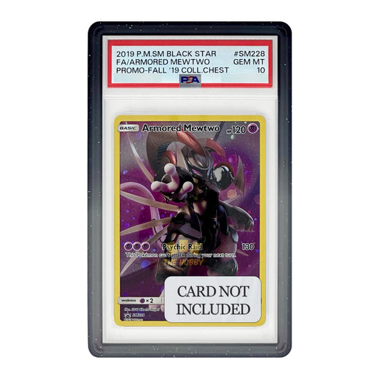 The Hobby Lair slab shield with gradient edge guard protects PSA slabs from drops