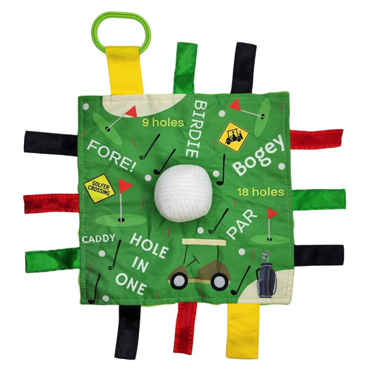 The Learning Lovey Baby Jack & Co 10x10 golf ball lovey pattern for on-the-go sensory play
