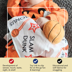 The Learning Lovey 10x10 sports lovey color and letters design sparks learning.