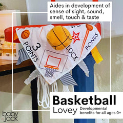 The Learning Lovey 10x10 sports lovey stroller clip enables easy on-the-go attachment.