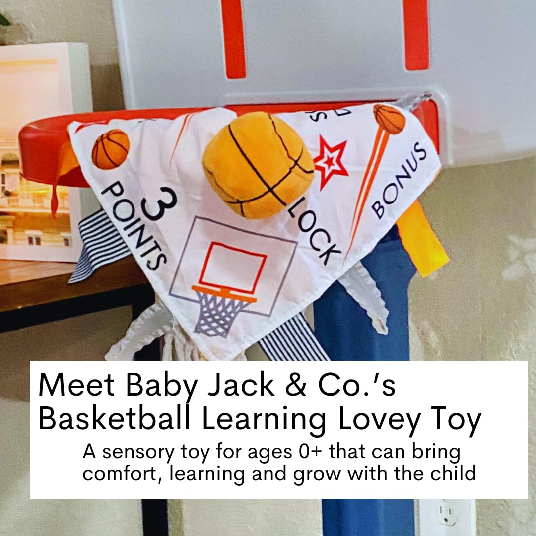 The Learning Lovey Baby Jack Co 10x10 sports lovey tag toy attached for secure play.