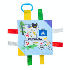The Learning Lovey 8x8 Louisiana state tag stroller toy for tactile exploration.
