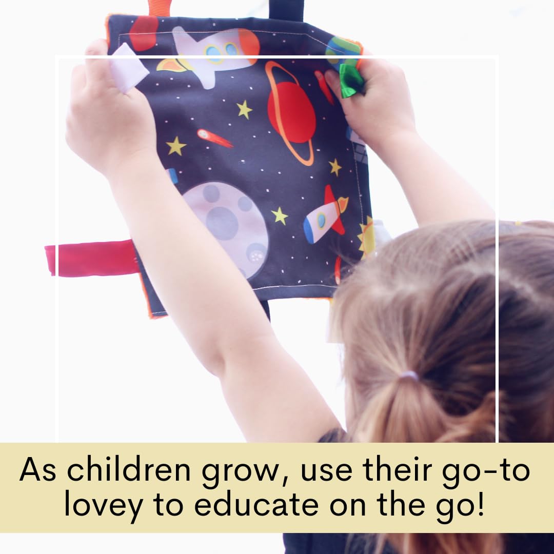 The Learning Lovey 8x8 inch square tag toy helps tactile exploration
