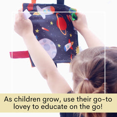 The Learning Lovey 8x8 inch square tag toy helps tactile exploration