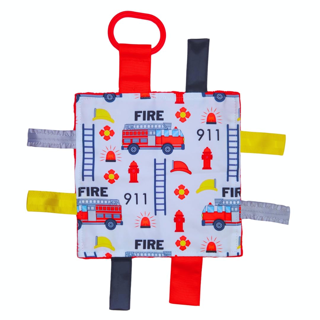 The Learning Lovey fire lovey tag toy closeup promoting tactile exploration