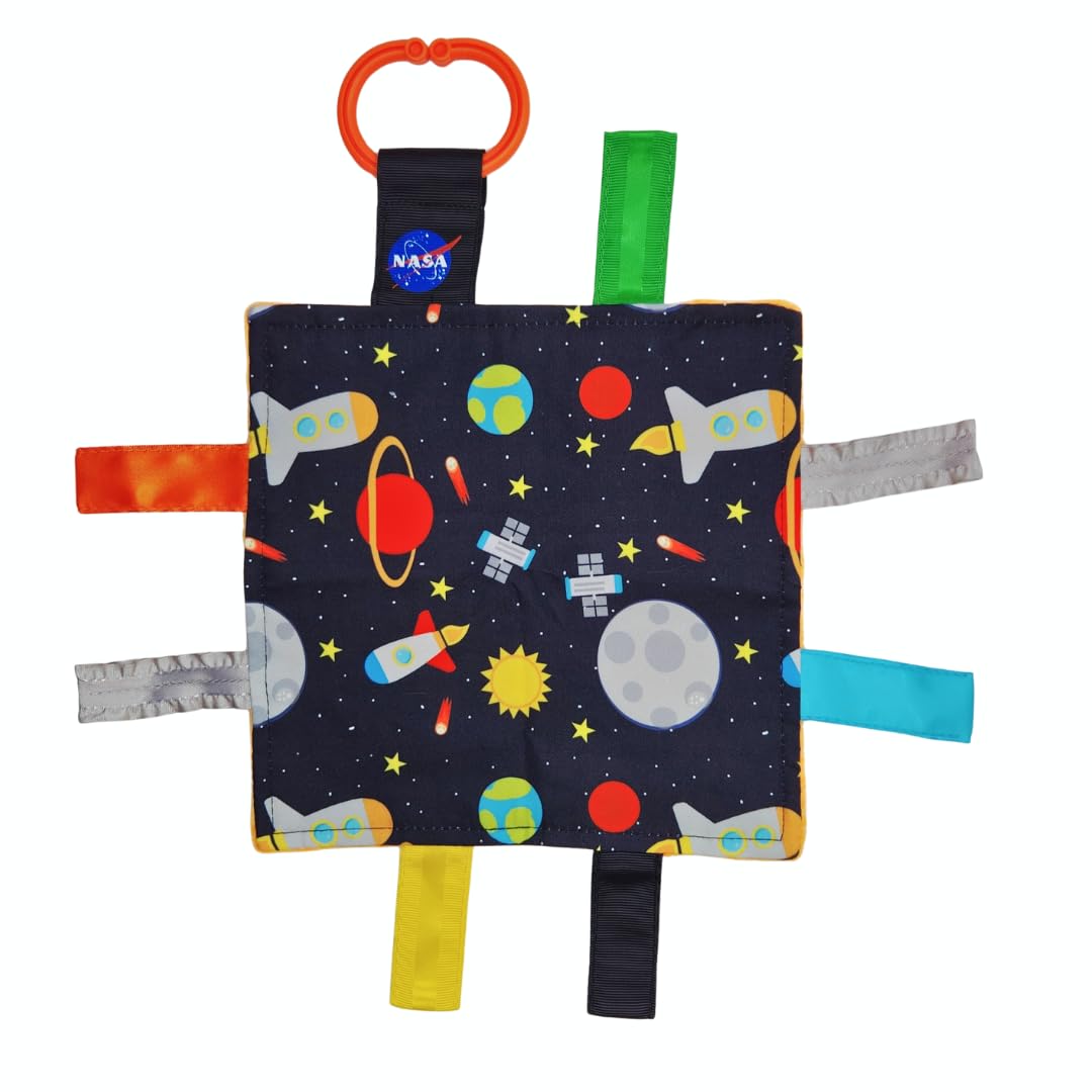 The Learning Lovey Baby Jack Co space lovey crinkle tab for soothing sensory play