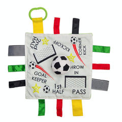 The Learning Lovey Baby Jack & Co soccer lovey close-up of the tactile tag toy