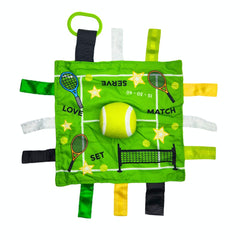 The Learning Lovey Baby Jack and Co tennis sensory lovey for on the go soothing.