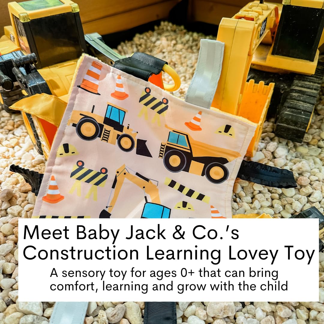 The Learning Lovey Baby Jack crinkle sensory toy securely attaches to a stroller for on-the-go play
