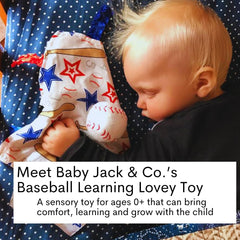 The Learning Lovey baseball-lovey tag-educational feature invites tactile exploration and early recognition