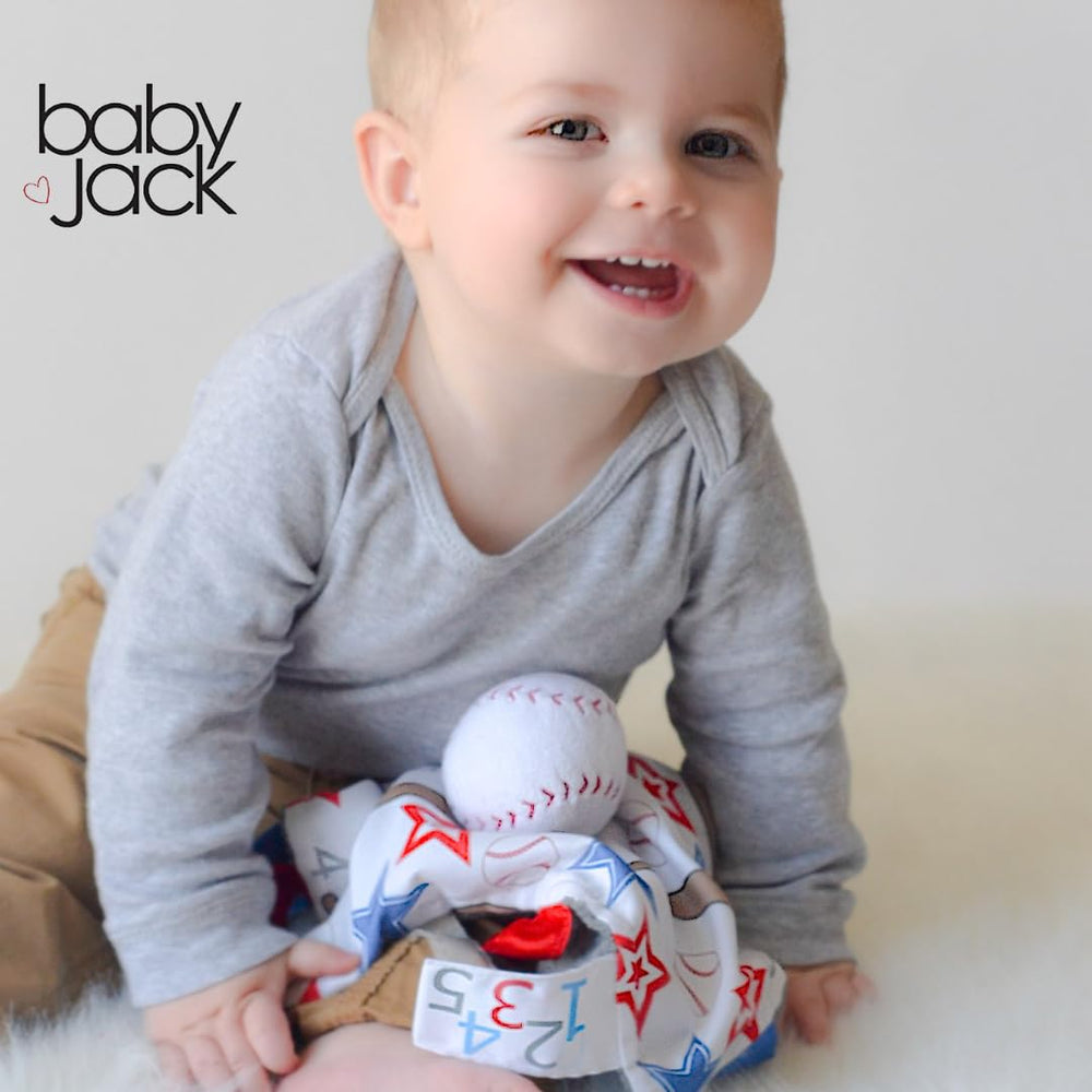 The Learning Lovey baseball-pattern fabric sparks visual interest and gentle engagement
