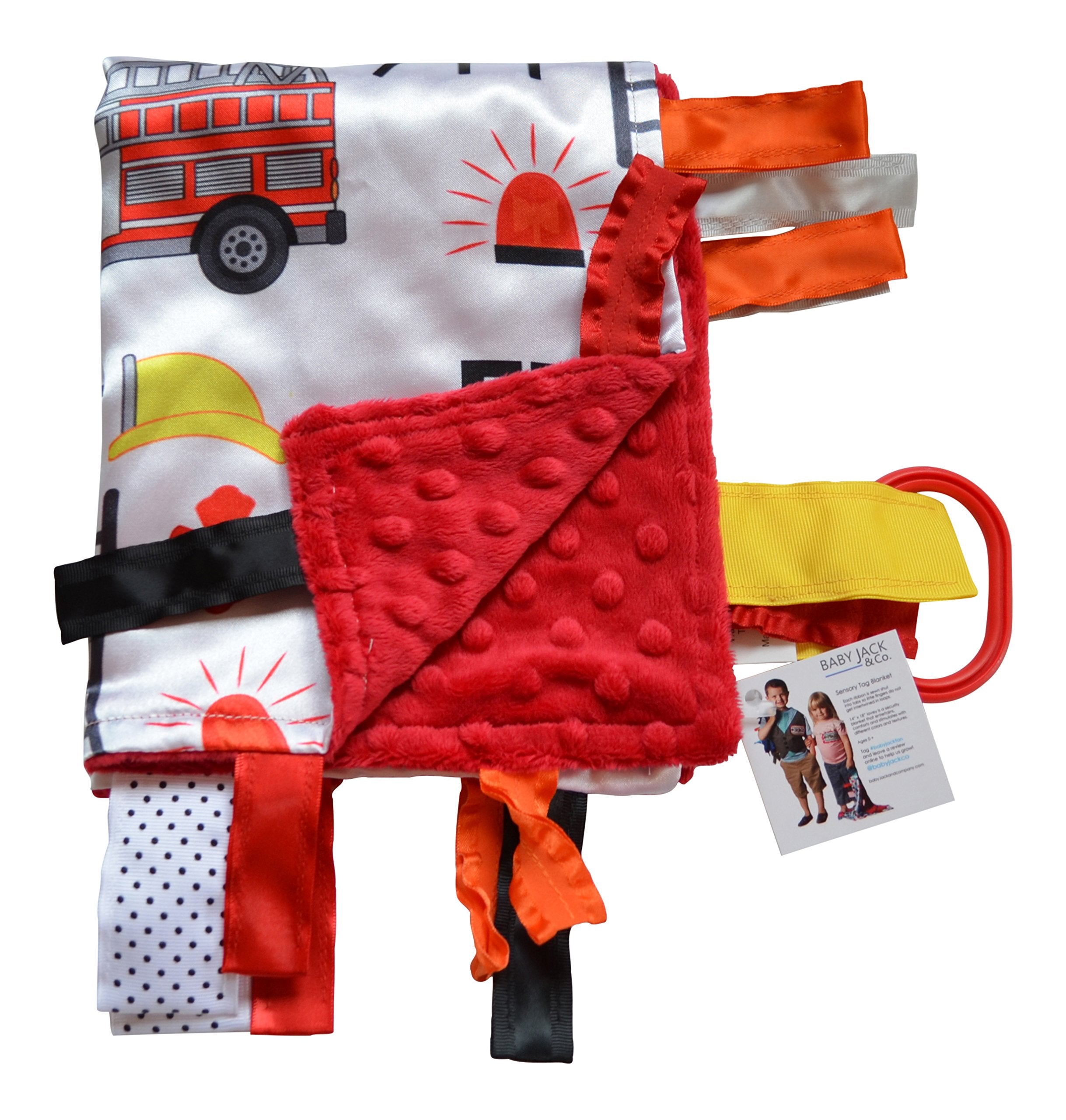 The Learning Lovey firefighter minky dot fabric provides soft backing for cozy hugs.